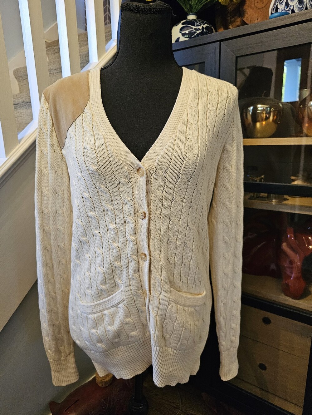 Ralph Lauren Cream Cable Knit Cardigan with Suede Shoulder Patch
